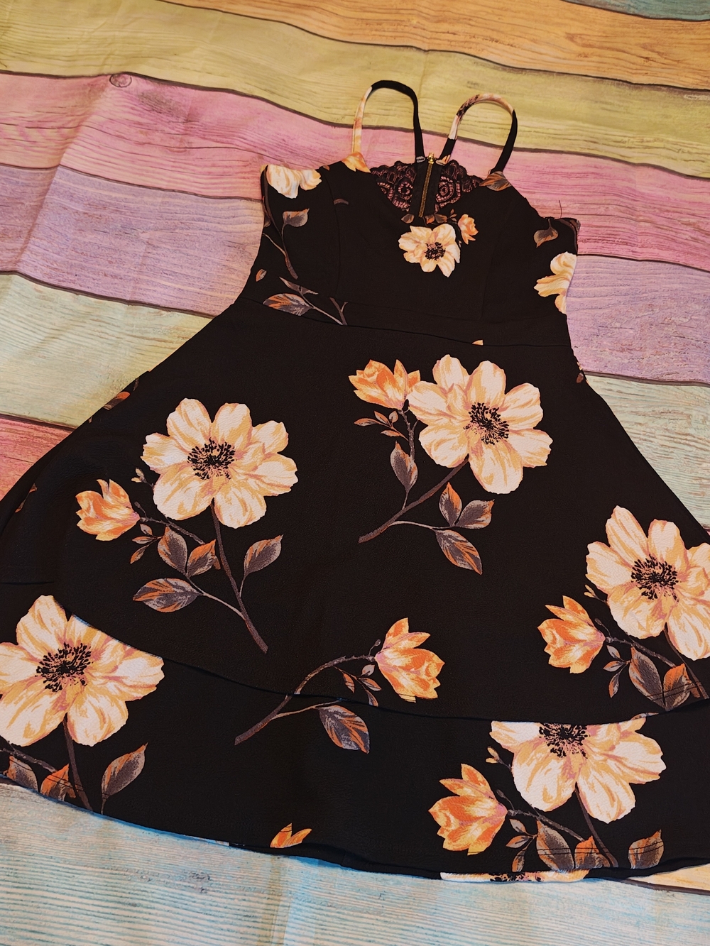 Women's Black Floral Skater Dress with Lace Detail